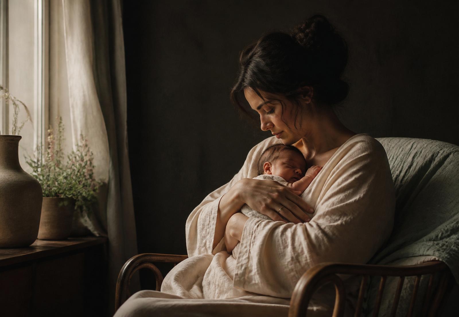 A mother cradling her newborn in warm window light